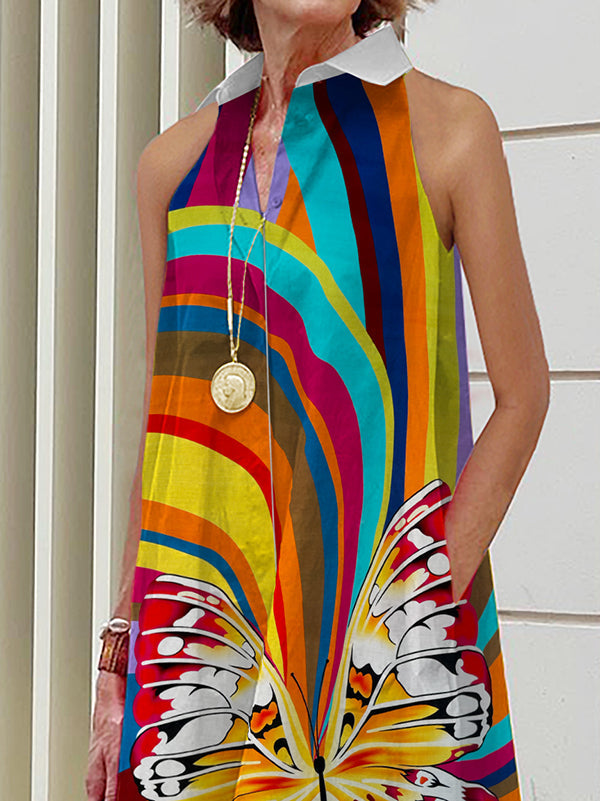 Butterfly Print Contrast Color Pockets A-line Loose Lapel Midi Dresses