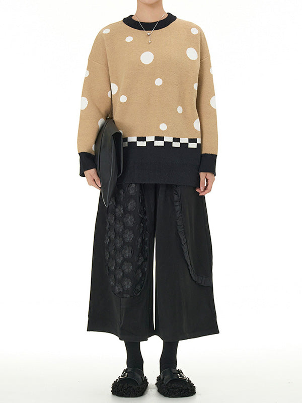 Contrast Color Polka-Dot Velvet Long Sleeves Loose Round-Neck Sweater Tops Pullovers