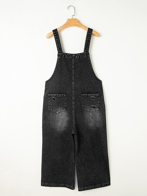 Hollow Pockets Split-Joint Loose Sleeveless Spaghetti-Neck Overalls