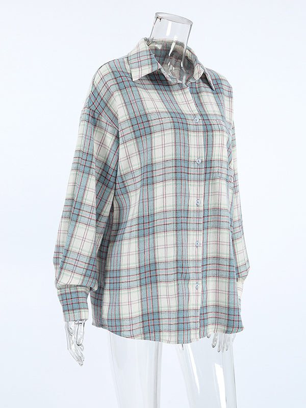 Buttoned Plaid Pockets Long Sleeves Loose Lapel Outerwear Blouses&Shirts Tops