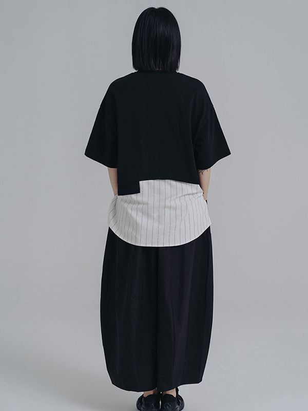 Urban Striped Drawstring Split-Joint False Two Split-Joint T-Shirt