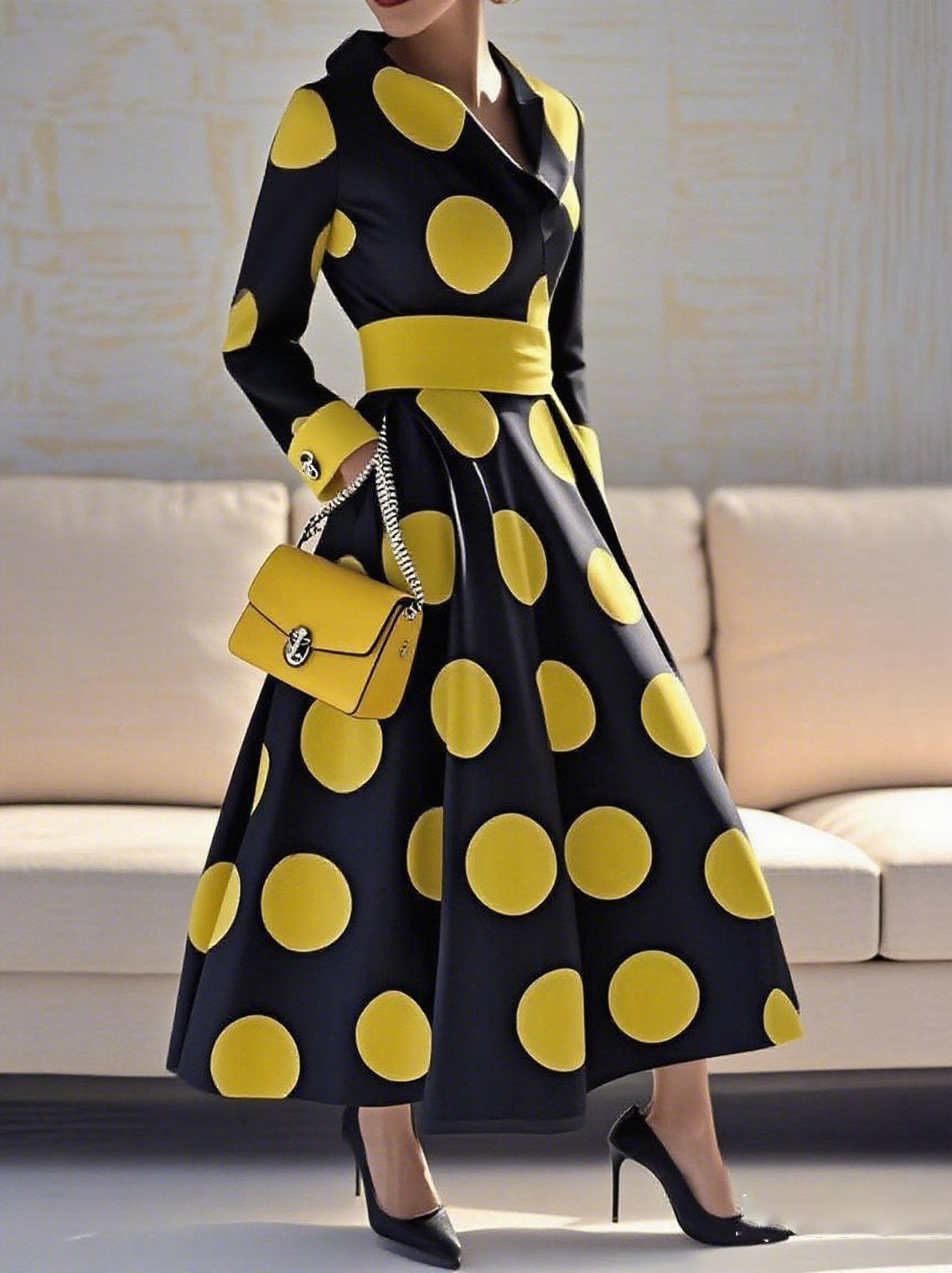 Polka-Dot Split-Joint Tied Waist A-line Sleeveless Lapel Shirt Dress Maxi Dresses