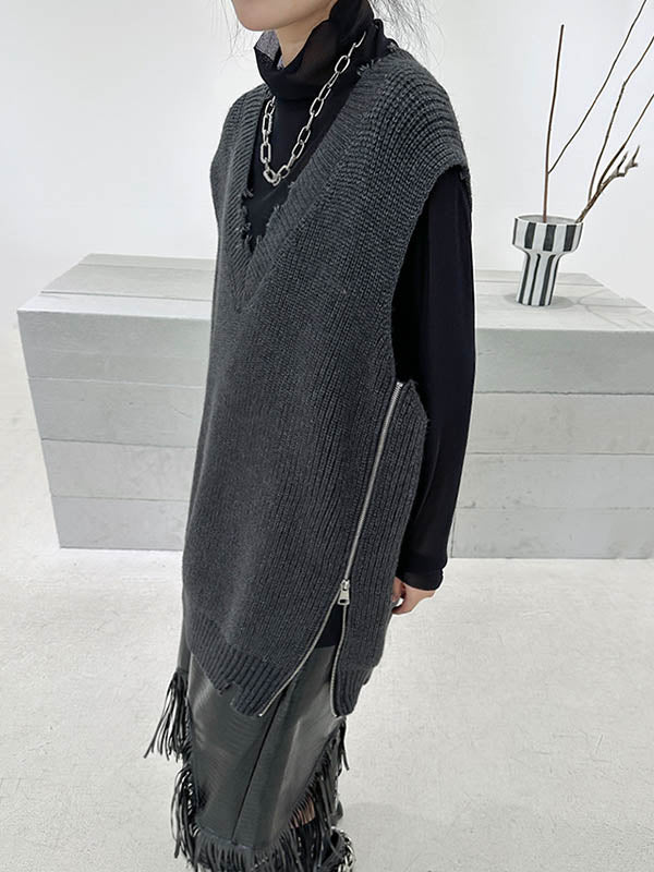 Asymmetric Split-Side Zipper Loose Sleeveless V-Neck Vest Outerwear