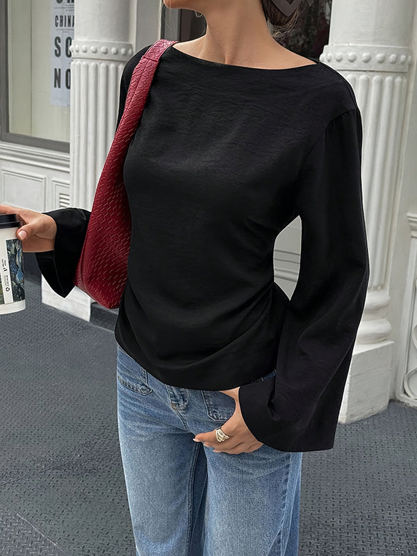 Solid Color Split-Joint Tied Waist Elasticated Waist Flared Sleeves Round-Neck T-Shirts Tops