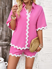 Loose Short Sleeves Split-Joint Lapel Blouse + Drawstring Elasticity Shorts Two Pieces Set