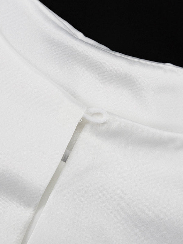 Hollow Solid Color Split-Joint Loose Puff Sleeves Round-neck Blouses