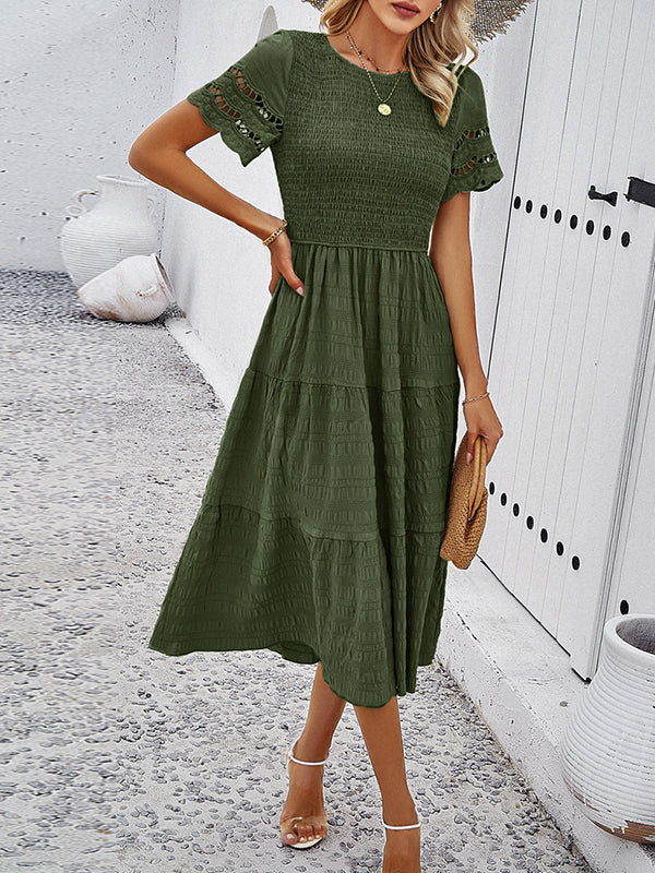 Elasticity Hollow Solid Color Split-Joint A-Line Loose Round-Neck Midi Dresses