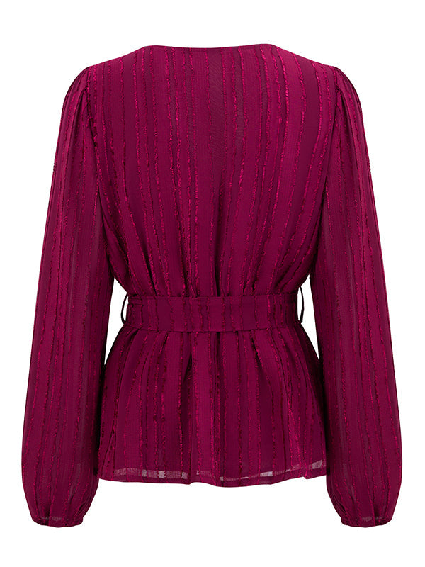 Elasticity Solid Color Tied Waist Long Sleeves Loose V-Neck T-Shirts Tops