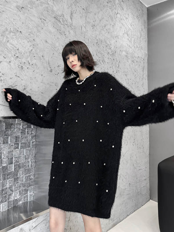 Beads Contrast Color Shiny Split-Joint Long Sleeves Loose Round-Neck Sweater Dresses Mini Dresses