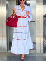 A-Line Long Sleeves Buttoned Contrast Color Elasticity Mock Neck Maxi Dresses