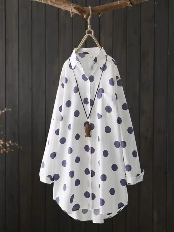 Polka-Dot High-Low Long Sleeves Lapel Shirts Tops