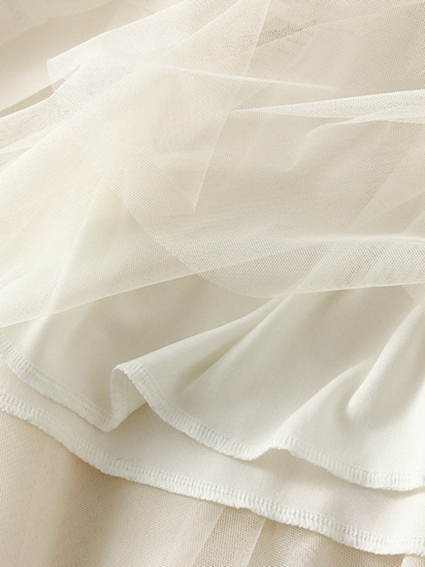 Elasticity Gauze Pleated Solid Color Split-Joint A-Line Loose Skirts