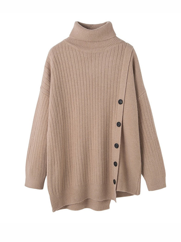Asymmetric Buttoned High-low Long Sleeves High-neck Sweater Tops Pullovers Knitwear