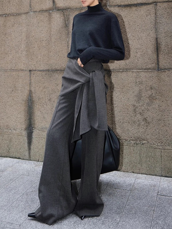 Solid Color Tied High Waisted Wide Leg Trousers Pants