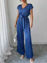 Backless Pleated Pockets Solid Color Tied Waist High Waisted Loose V-Neck Jumpsuits