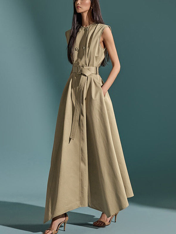 Belted Buttoned Pockets Solid Color A-Line High Waisted Round-Neck Maxi Dresses