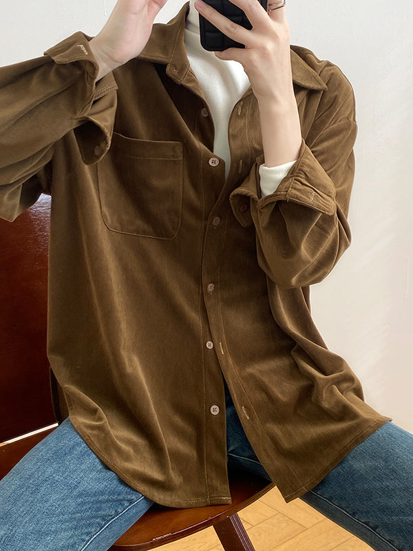 Casual Long Sleeves Loose Buttoned Solid Color Lapel Collar Blouses&Shirts Tops