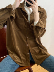 Casual Long Sleeves Loose Buttoned Solid Color Lapel Collar Blouses&Shirts Tops