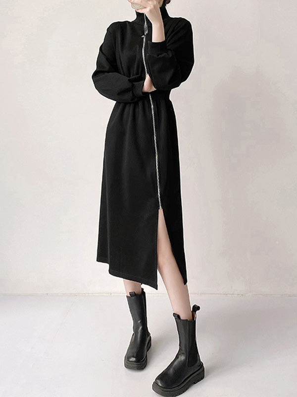 Asymmetric Split-Front Zipper Long Sleeves High Neck Midi Dresses