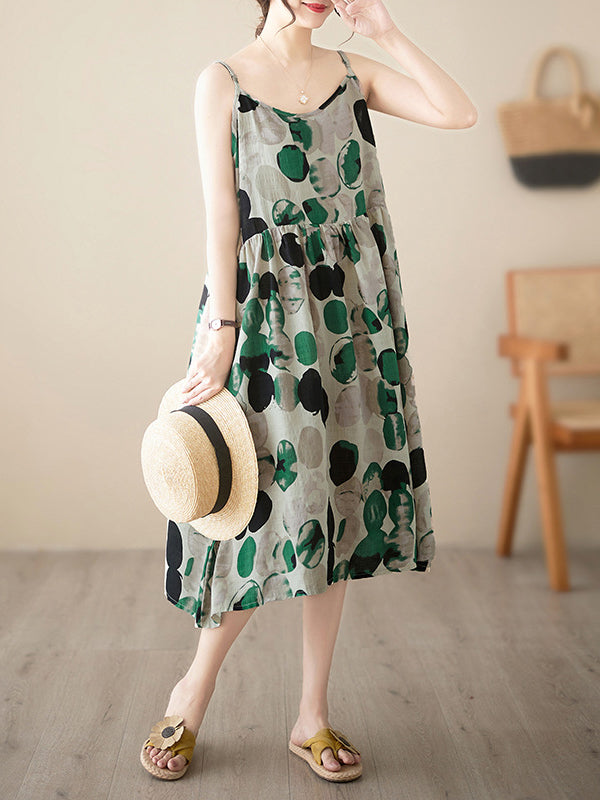Pleated Printed Split-Joint Loose Sleeveless Spaghetti-Neck Midi Dresses