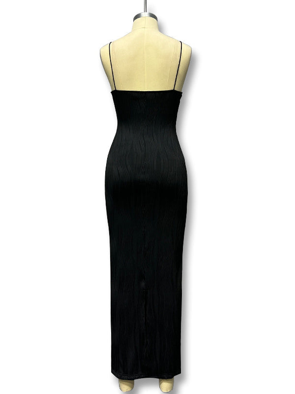 Pleated Solid Color Split-back Split-Joint Zipper Bodycon Sleeveless Spaghetti-Neck Maxi Dresses