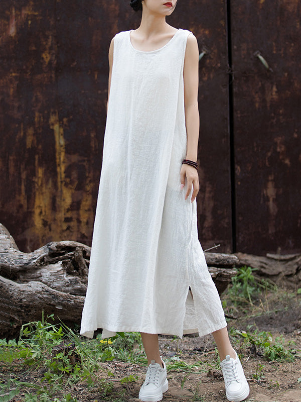 Drawstring Solid Color Split-Joint Tied Waist Loose Sleeveless Round-Neck Midi Dresses