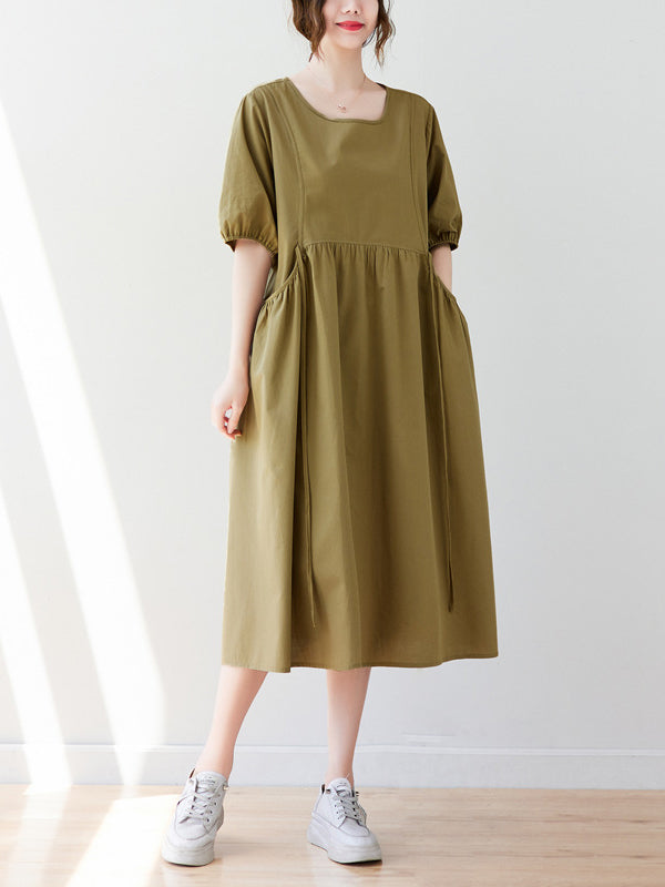 Casual Half Sleeves Loose Elasticity Split-Joint Solid Color Midi Dresses