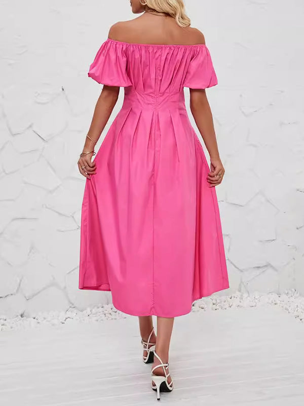 Elasticity Pleated Solid Color Split-Joint Loose Puff Sleeves Off-The-Shoulder Midi Dresses