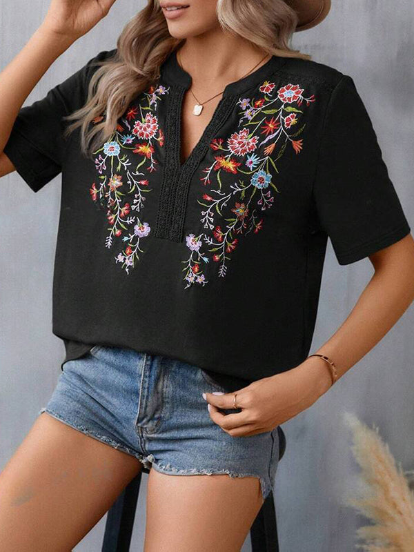 Embroidered Split-Joint Half Sleeves Loose V-Neck T-Shirts Tops