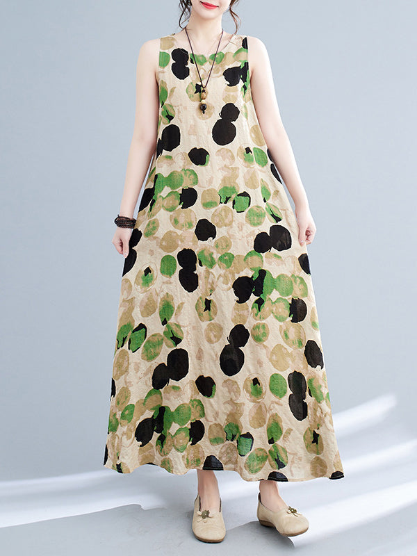 Printed Split-Joint Loose Sleeveless Round-neck Maxi Dresses