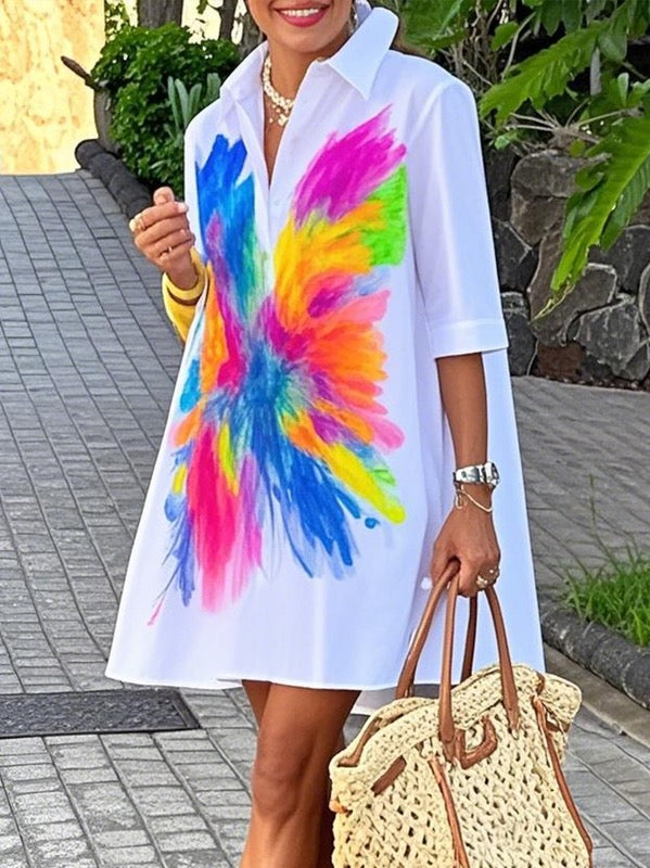 Buttoned Contrast Color Printed Half Sleeves Loose Lapel Shirt Dress Mini Dresses