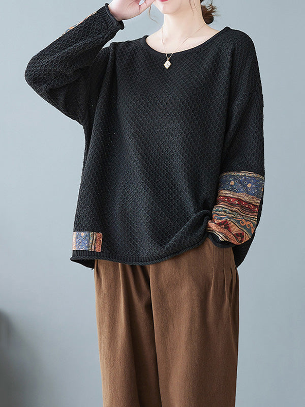 Printed Split-Joint Long Sleeves Loose Round-Neck Sweater Tops Pullovers