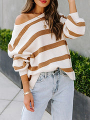 Striped Long Sleeves Loose Round-Neck Sweater Tops Pullovers Knitwear