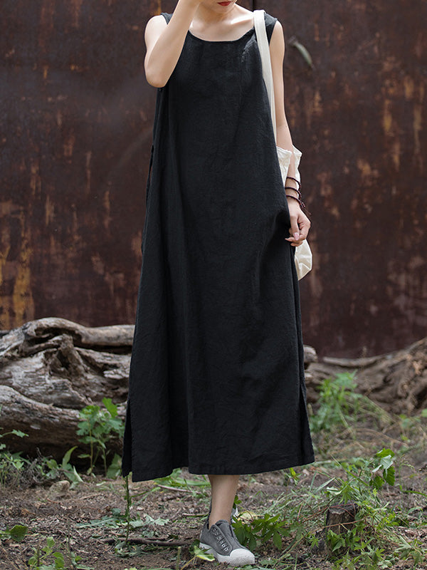 Drawstring Solid Color Split-Joint Tied Waist Loose Sleeveless Round-Neck Midi Dresses