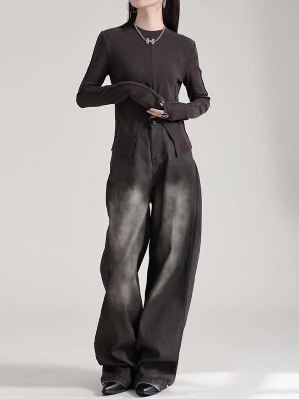 Solid Color Split-front Long Sleeves Skinny Round-neck T-Shirts Tops