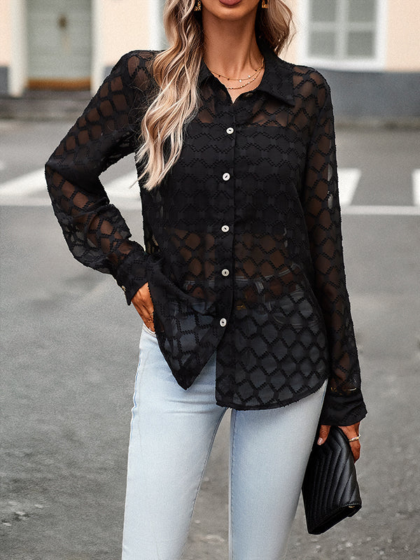 Buttoned Jacquard Mesh See-Through Long Sleeves Loose Lapel Blouses&Shirts Tops