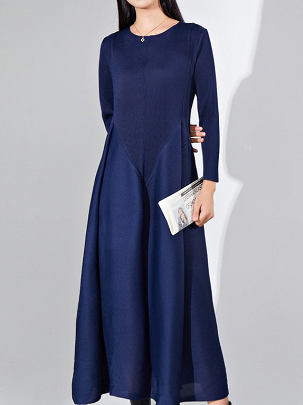 Pleated Solid Color Split-Joint A-Line Loose Round-Neck Midi Dresses