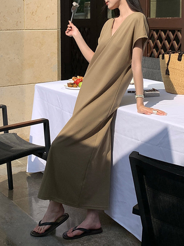 Solid Color Batwing Sleeves Loose V-neck Midi Dresses