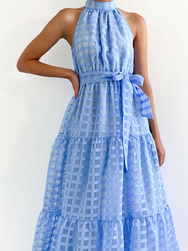 Plaid Ribbed Loose Sleeveless Stand Collar Maxi Dresses