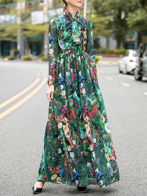 Bowknot Elasticity Flower Print Zipper High Waisted Long Sleeves Round-neck Maxi Dresses