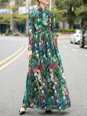 Bowknot Elasticity Flower Print Zipper High Waisted Long Sleeves Round-neck Maxi Dresses