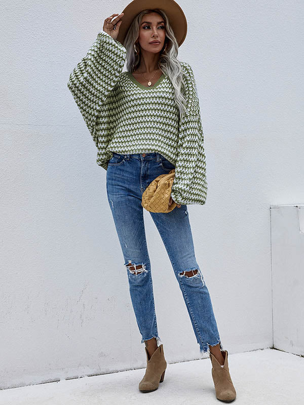 Original Loose Striped 8 Colors V-Neck Long Sleeves Sweater Top
