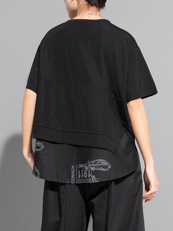 Printing Split-Joint False Two Loose Round-neck T-Shirts Tops