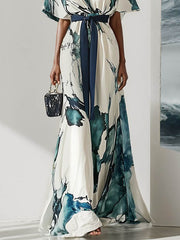 Batwing Sleeves Loose Printed Tied Waist V-Neck Evening Dresses Maxi Dresses