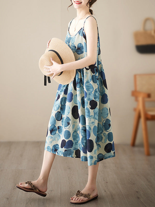 Pleated Printed Split-Joint Loose Sleeveless Spaghetti-Neck Midi Dresses