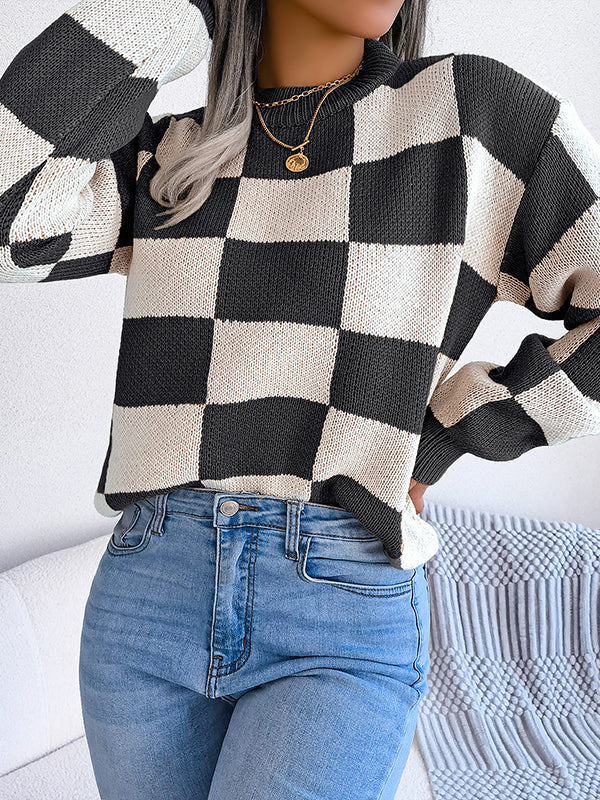 Contrast Color Plaid Long Sleeves Loose Round-Neck Sweater Tops