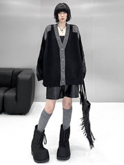 Buttoned Contrast Color Reversible Split-Joint Long Sleeves Loose Collarless Outerwear Cardigan Tops