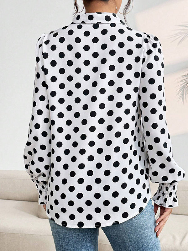 Buttoned Elasticity Polka-Dot Split-Joint Long Sleeves Loose Lapel Blouses&Shirts Tops
