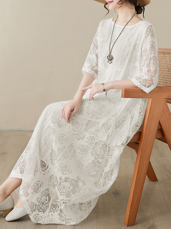 Gauze See-Through Solid Color Half Sleeves Loose Round-Neck Maxi Dresses