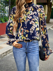 Elasticity Flower Print Flared Sleeves Long Sleeves Round-Neck Blouses&Shirts Tops